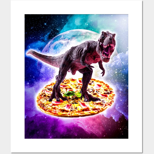 Tyrannosaurus Rex Dinosaur Riding Pizza In Space Wall Art by Random Galaxy